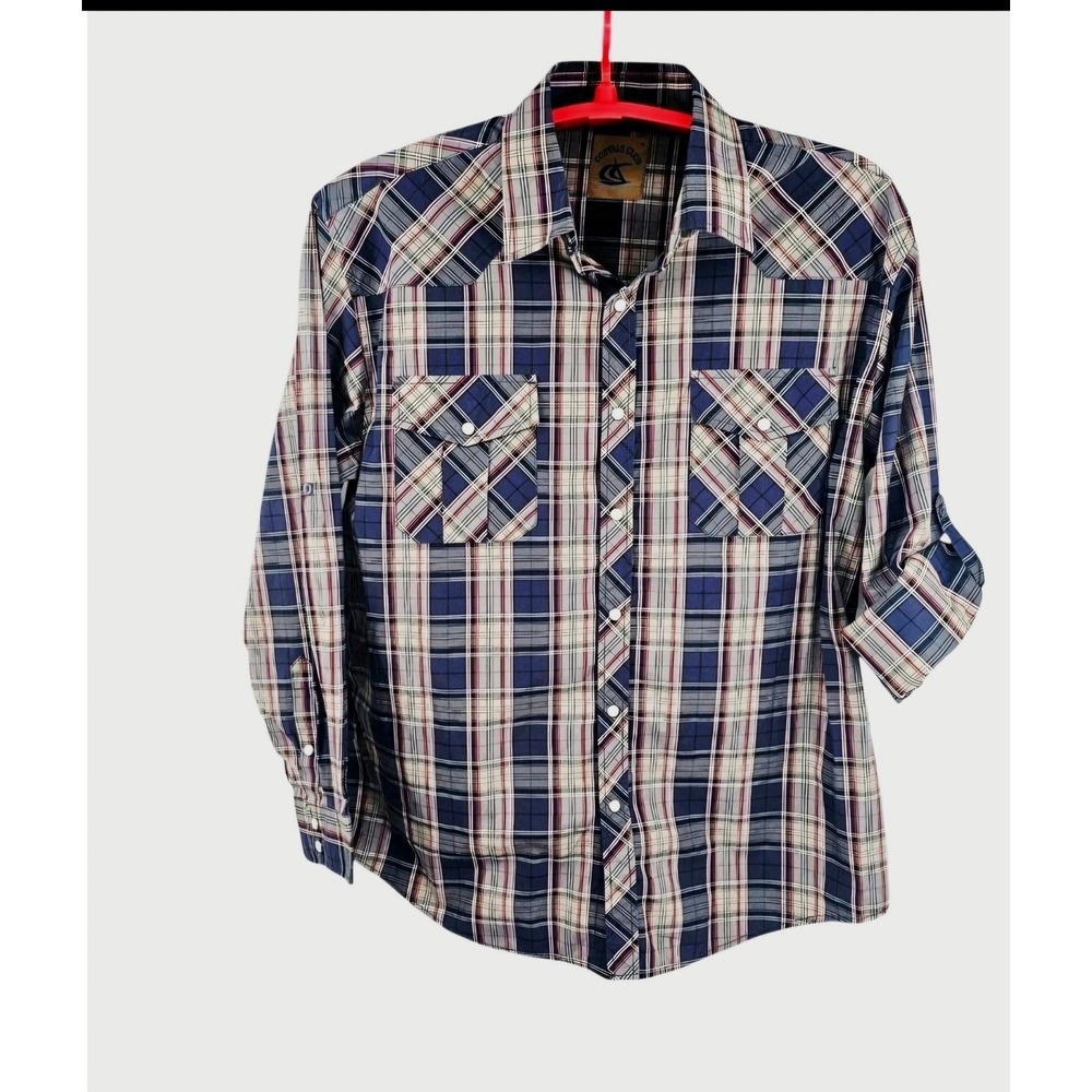 Coevals Club Pearl Snap Shirt‎ Size XL Long Roll Tab Sleeves Red Blue Plaid